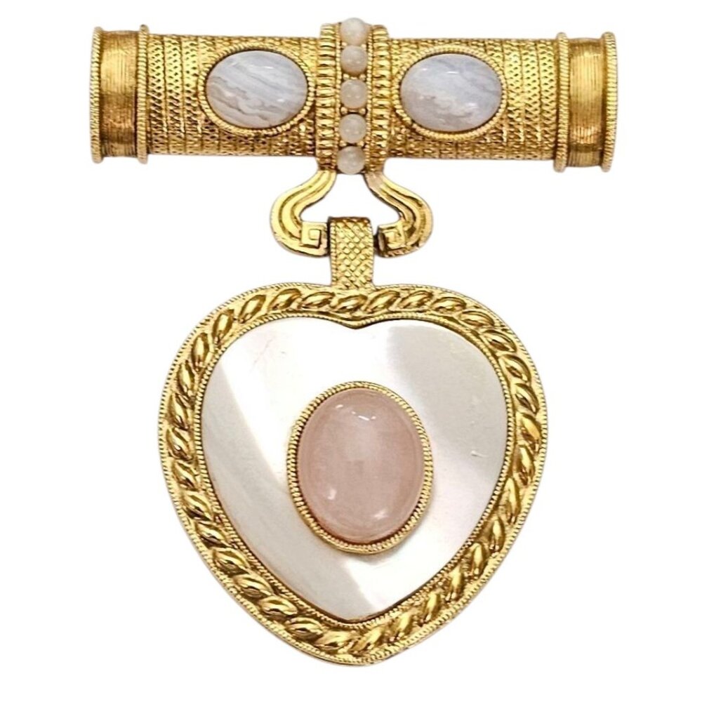 1928 Brand Gold Tone Blue Lace Agate Rose Quartz Brooch Heart Shell Inlay Dangle